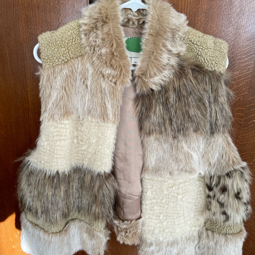 Anthropologie Patchwork Faux Fur Vest in Cream and Brown Mix